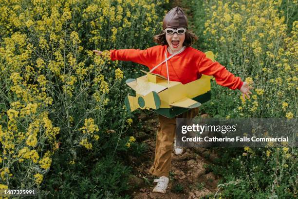 a joyful child wearing a pilots hat, plays in a home-made cardboard plane - career exploration stock pictures, royalty-free photos & images