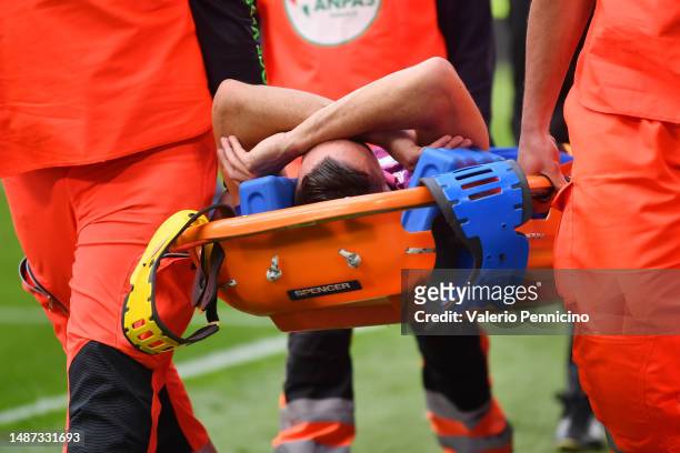 Mattia De Sciglio of Juventus is stretchered off after an injury during the Serie A match between Juventus and US Lecce at Allianz Stadium on May 03,...