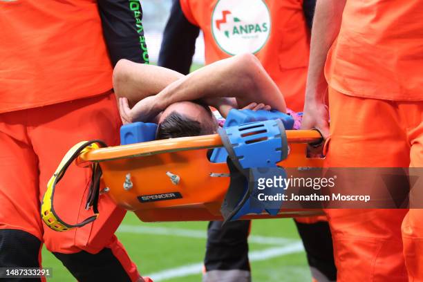 Mattia De Sciglio of Juventus is carried away on a stretcher after picking up an injury during the Serie A match between Juventus and US Lecce at...