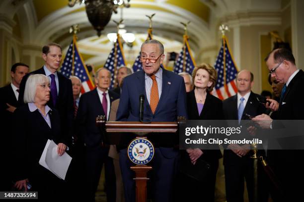 Senate Majority Leader Charles Schumer and his committee chairs talk to reporters about their proposed China competitiveness legislation in the U.S....