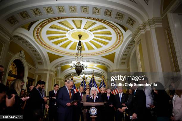 Senate Appropriations Committee Chair Patty Murray is joined by Majority Leader Charles Schumer and fellow committee chairs talk to reporters about...