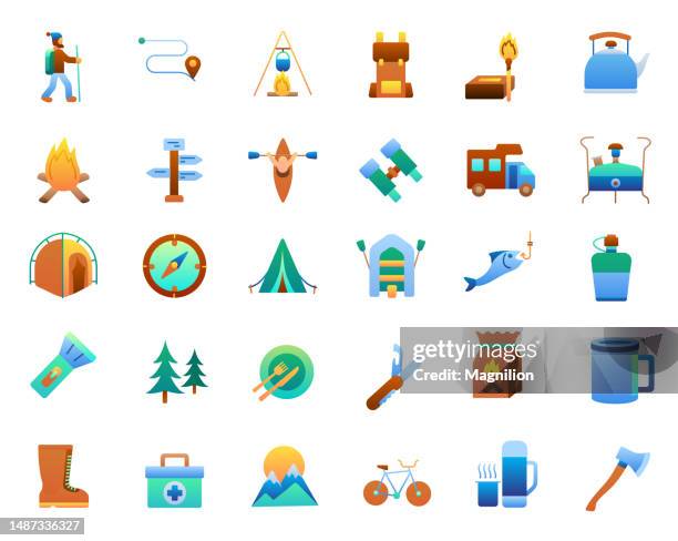stockillustraties, clipart, cartoons en iconen met travel and camping flat gradient icons set - schatzoeken