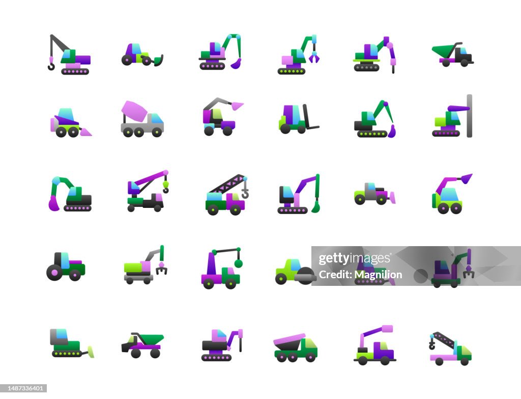 Construction Machinery, Construction Equipment Flat Gradient Icons Set