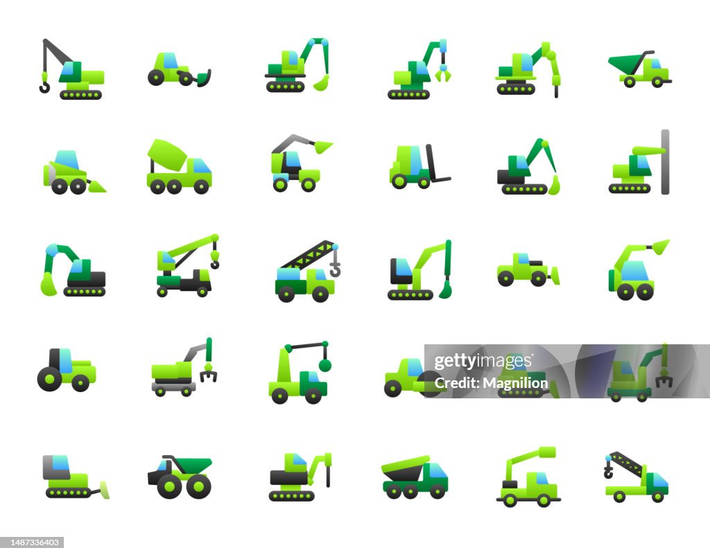 Construction Machinery, Construction Equipment Flat Gradient Icons Set