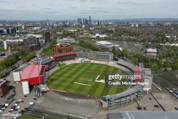 An aerial view of the Emirates Old Trafford Stadium on May 03, 2023 in Manchester, England.
