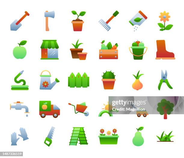 gardening tools flat gradient icons set - cactus garden stock illustrations