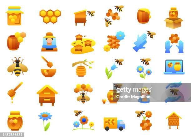 honey flat gradient icons set - worker bee stock illustrations