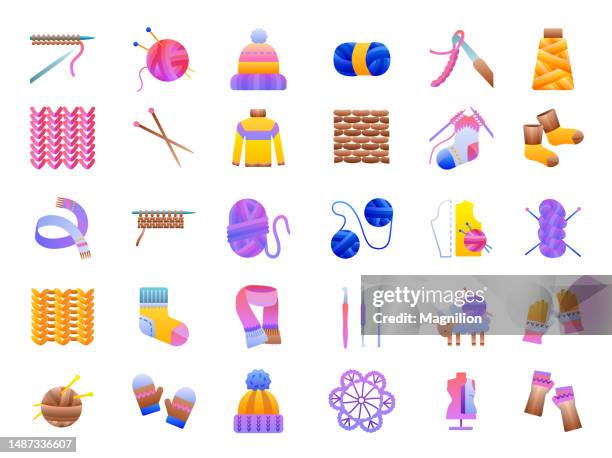 knitting flat gradient icons set - crochet stock illustrations