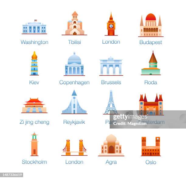 landmarks flat gradient icons set - city gate stock illustrations