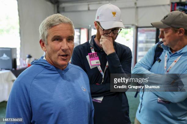 Jay Monahan, Commissioner of the PGA TOUR, talks with a group in the media center during a practice round prior to the Wells Fargo Championship at...