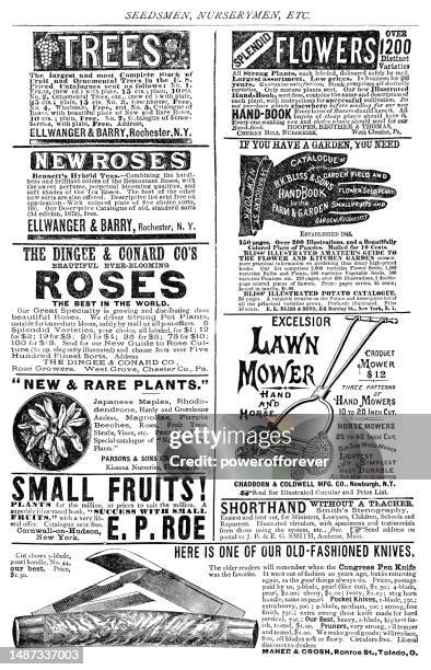 victorian advertisements for various items and services - 19th century - lawn mower stock illustrations