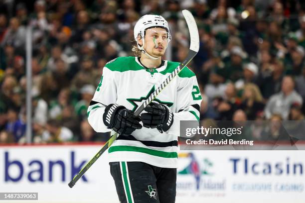 Roope Hintz of the Dallas Stars looks on against the Minnesota Wild in the first period in Game Six of the First Round of the 2023 Stanley Cup...