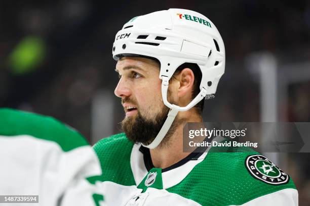 Jamie Benn of the Dallas Stars looks on against the Minnesota Wild in the first period in Game Six of the First Round of the 2023 Stanley Cup...