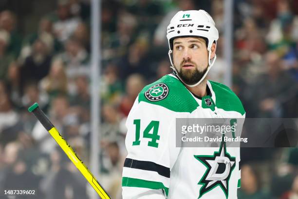 Jamie Benn of the Dallas Stars looks on against the Minnesota Wild in the first period in Game Six of the First Round of the 2023 Stanley Cup...
