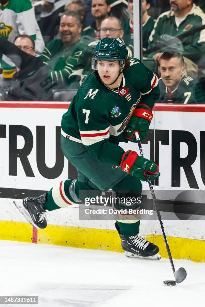 Brock Faber of the Minnesota Wild skates with the puck against the Dallas Stars in the first period in Game Six of the First Round of the 2023...