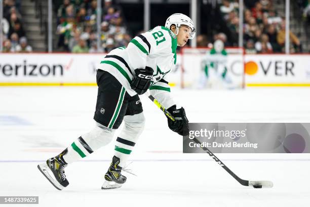 Jason Robertson of the Dallas Stars skates with the puck against the Minnesota Wild in the second period in Game Six of the First Round of the 2023...