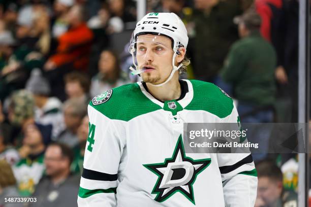 Roope Hintz of the Dallas Stars looks on against the Minnesota Wild in the first period in Game Six of the First Round of the 2023 Stanley Cup...