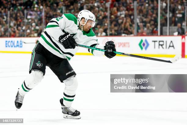 Radek Faksa of the Dallas Stars shoots the puck against the Minnesota Wild in the second period in Game Six of the First Round of the 2023 Stanley...