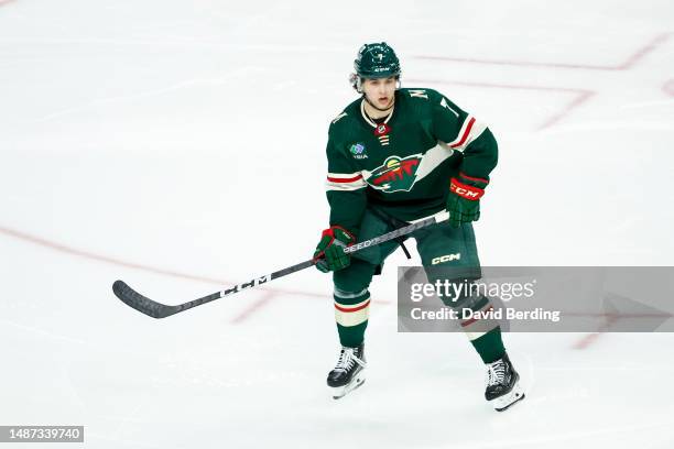 Brock Faber of the Minnesota Wild skates against the Dallas Stars in the third period in Game Six of the First Round of the 2023 Stanley Cup Playoffs...