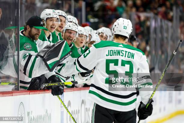 Wyatt Johnston of the Dallas Stars celebrates his goal against the Minnesota Wild with teammates in the second period in Game Six of the First Round...