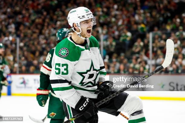 Wyatt Johnston of the Dallas Stars celebrates his goal against the Minnesota Wild in the second period in Game Six of the First Round of the 2023...