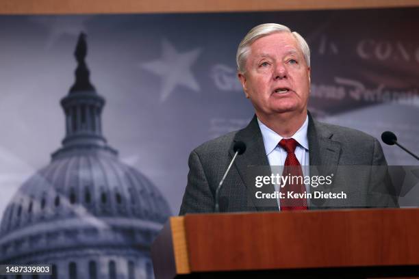 Sen. Lindsey Graham speaks on Title 42 immigration policy on May 03, 2023 in Washington, DC. The group of Republican Senators spoke out against the...