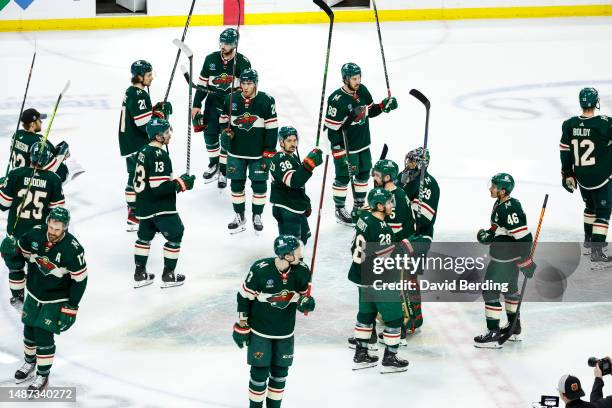 Members of the Minnesota Wild acknowledge fans after their loss against the Dallas Stars after Game Six of the First Round of the 2023 Stanley Cup...