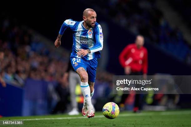 Aleix Vidal of RCD Espanyol runs with the ball during the LaLiga Santander match between RCD Espanyol and Cadiz CF at RCDE Stadium on April 21 2023...