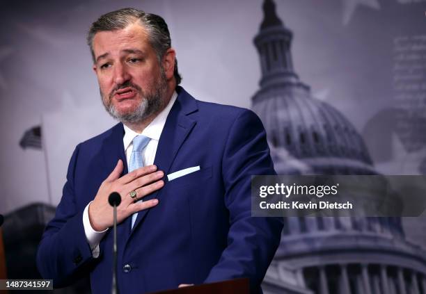 Sen. Ted Cruz speaks on Title 42 immigration policy on May 03, 2023 in Washington, DC. A group of Republican Senators spoke out against the...