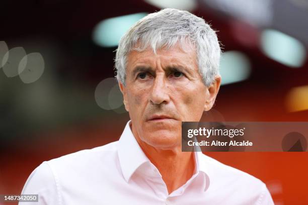 Quique Setien, Head Coach of Villarreal CF, looks on prior to the LaLiga Santander match between Valencia CF and Villarreal CF at Estadio Mestalla on...