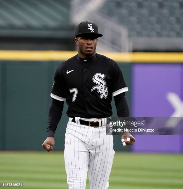 Tim Anderson of the Chicago White Sox warms up prior to a game against the Minnesota Twins at Guaranteed Rate Field on May 02, 2023 in Chicago,...