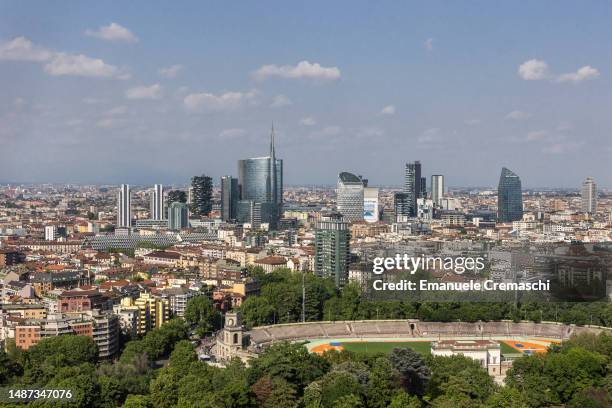 General view of the Porta Nuova and Porta Garibaldi districts skyline as seen from Torre Branca on May 03, 2023 in Milan, Italy.