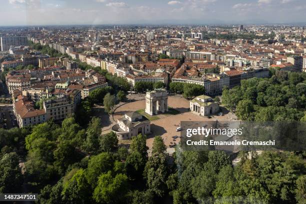 General view of the Arco della Pace, surrounded by Parco Sempione, as seen from Torre Branca on May 03, 2023 in Milan, Italy.