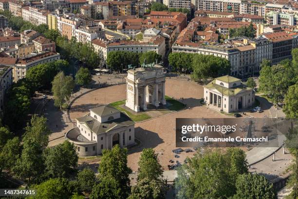 General view of the Arco della Pace, surrounded by Parco Sempione, as seen from Torre Branca on May 03, 2023 in Milan, Italy.