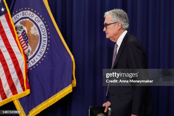 Federal Reserve Board Chairman Jerome Powell arrives to a news conference following a Federal Open Market Committee meeting on May 3, 2023 in...