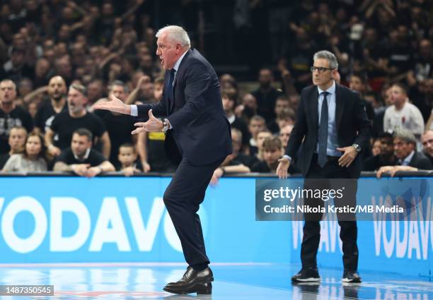 Head Coach Zeljko Obradovic of Partizan Mozzart Bet Belgrade reacts during the 2022/2023 Turkish Airlines EuroLeague Play Offs Game 3 match between...