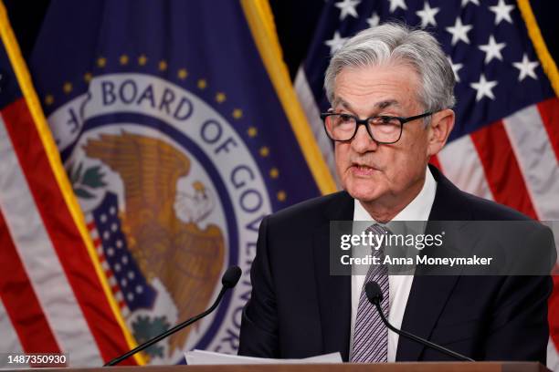 Federal Reserve Board Chairman Jerome Powell delivers remarks at a news conference following a Federal Open Market Committee meeting on May 3, 2023...