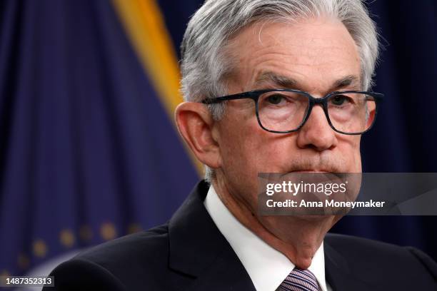 Federal Reserve Board Chairman Jerome Powell delivers remarks at a news conference following a Federal Open Market Committee meeting on May 3, 2023...