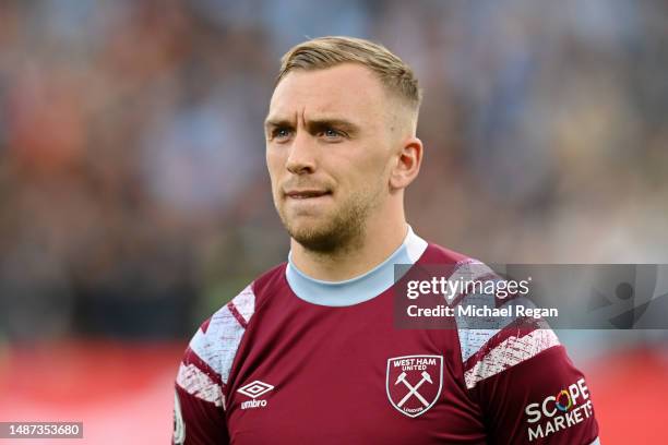 Jarrod Bowen of West Ham United lines up on the pitch prior to the Premier League match between Manchester City and West Ham United at Etihad Stadium...