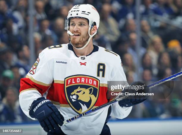 Matthew Tkacuk of the Florida Panthers waits for a faceoff against the Toronto Maple Leafs during Game One of the Second Round of the 2023 Stanley...