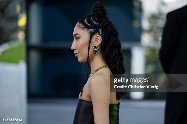 Marzhan Sharipova wears earrings at VISA Fashion Week Almaty Season VII on May 03, 2023 in Almaty, Kazakhstan.
