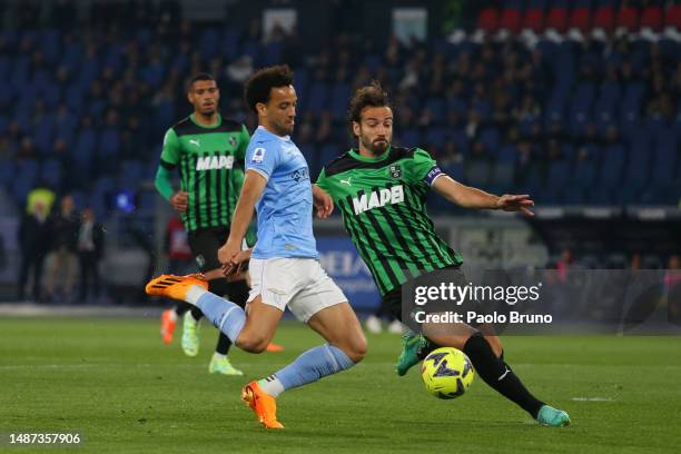 Felipe Anderson of SS Lazio scores the opening goal during the Serie A match between SS Lazio and US Sassuolo at Stadio Olimpico on May 03, 2023 in...