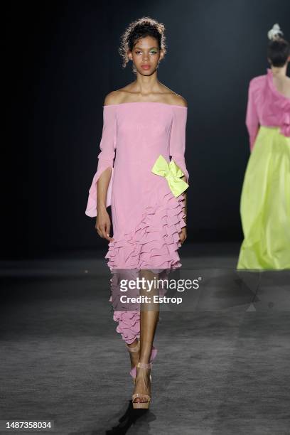 Model walks the runway during the Menchen Tomas show as part of the Barcelona 080 Fashion Week 2023 on May 3, 2023 in Barcelona, Spain.