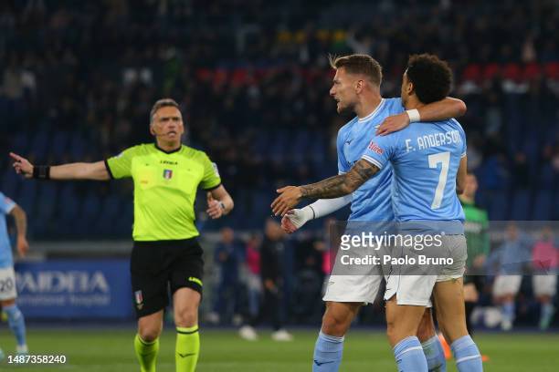 Felipe Anderson with his teammate Ciro Immobile of SS Lazio celebrates after scoring the opening goal during the Serie A match between SS Lazio and...