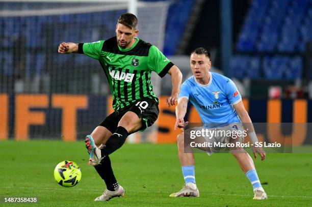 Patric of SS Lazio compete for the ball with Domenico Berardi of US Sassuolo during the Serie A match between SS Lazio and US Sassuolo at Stadio...