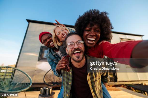 point of view selfie of cheerful friends. - wide angle stock pictures, royalty-free photos & images