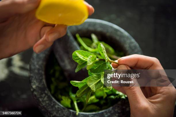 grinding herbs with a mortar and pestle - mortar symbol stock pictures, royalty-free photos & images