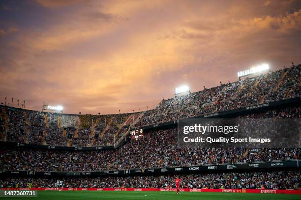 General view of the stands during the LaLiga Santander match between Valencia CF and Villarreal CF at Estadio Mestalla on May 03, 2023 in Valencia,...