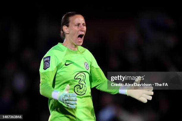 Ann-Katrin Berger of Chelsea celebrates after teammate Sam Kerr scores the team's second goal during the FA Women's Super League match between...