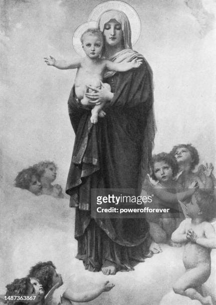 our lady of the angels, painting by william-adolphe bouguereau - 19th century - religious illustration stock illustrations